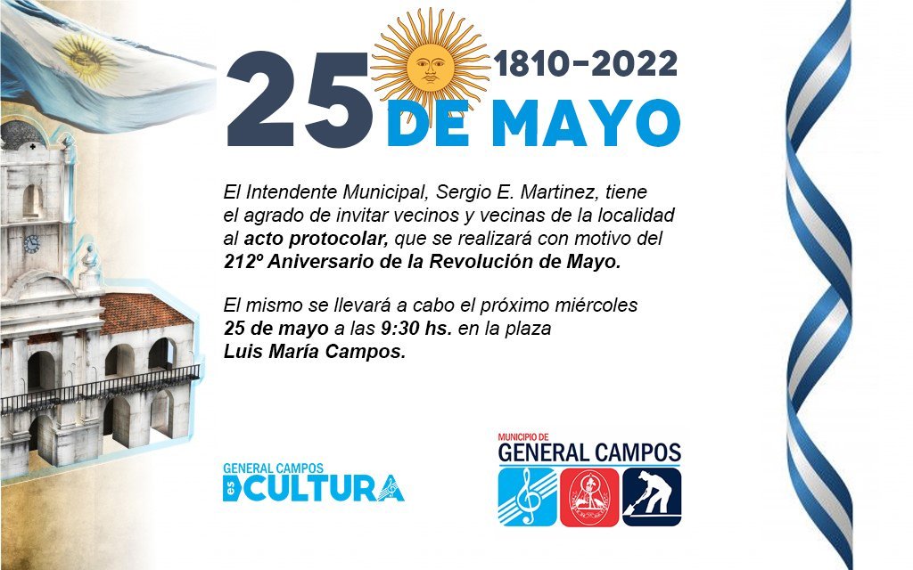 Este Miércoles,  se realizará el acto por el 212º Aniversario de la Revolución de Mayo.