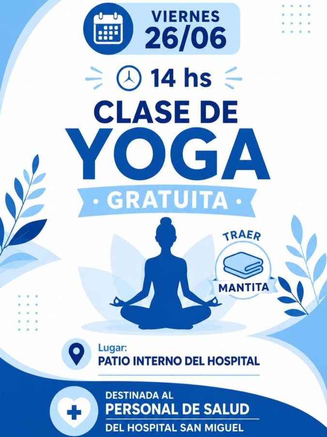 Darán clases de Yoga para el personal del hospital San Miguel.